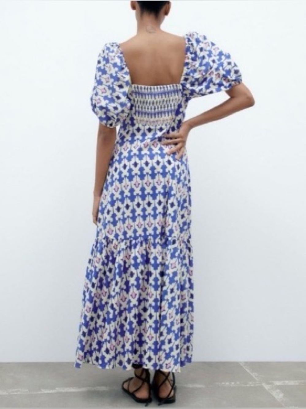 Graphic 100% Cotton Blue & Pink Patterned Puff-Sleeve Maxi Dress | Zara - Picture 3 of 15